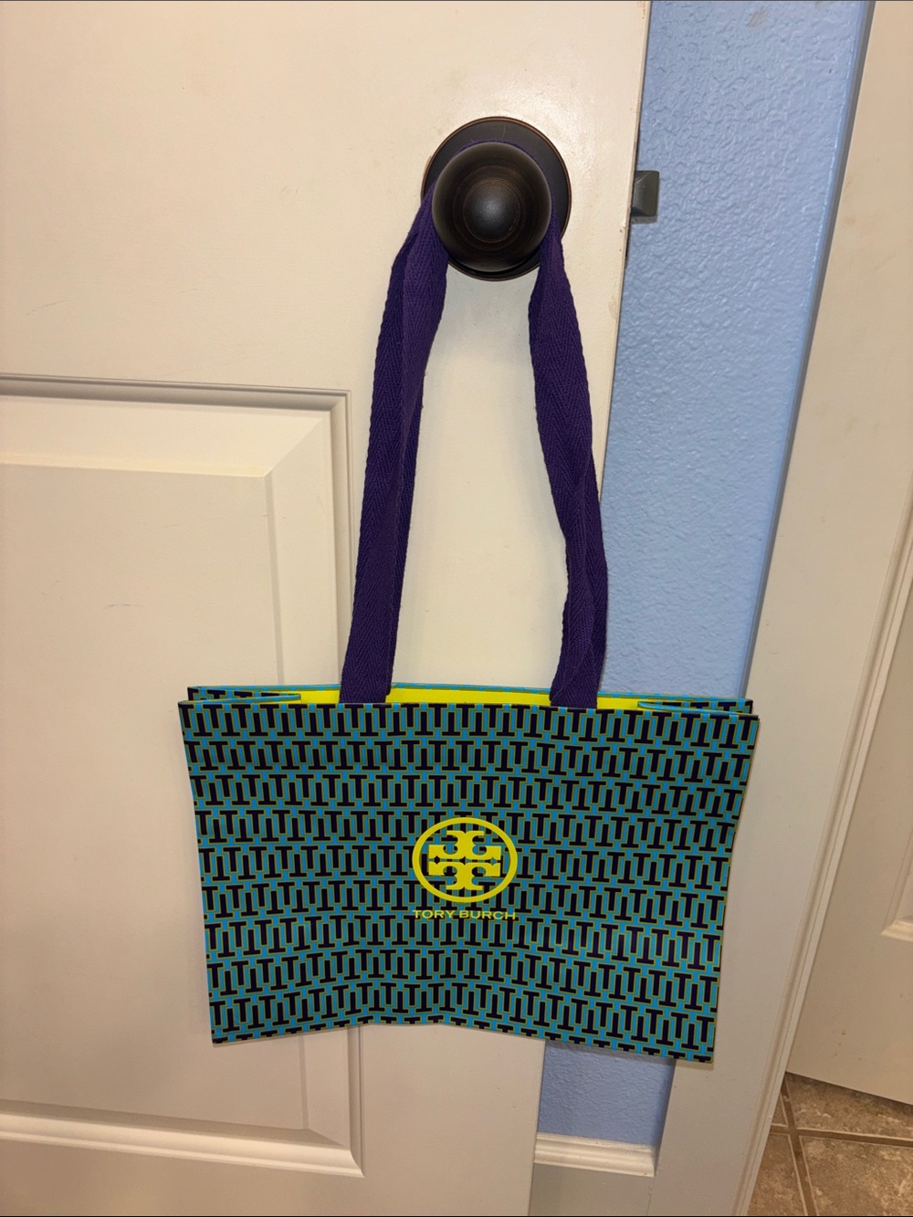 Tory Burch Teal Patterned  shopping bag Tote with Purple Handles and Yellow Logo